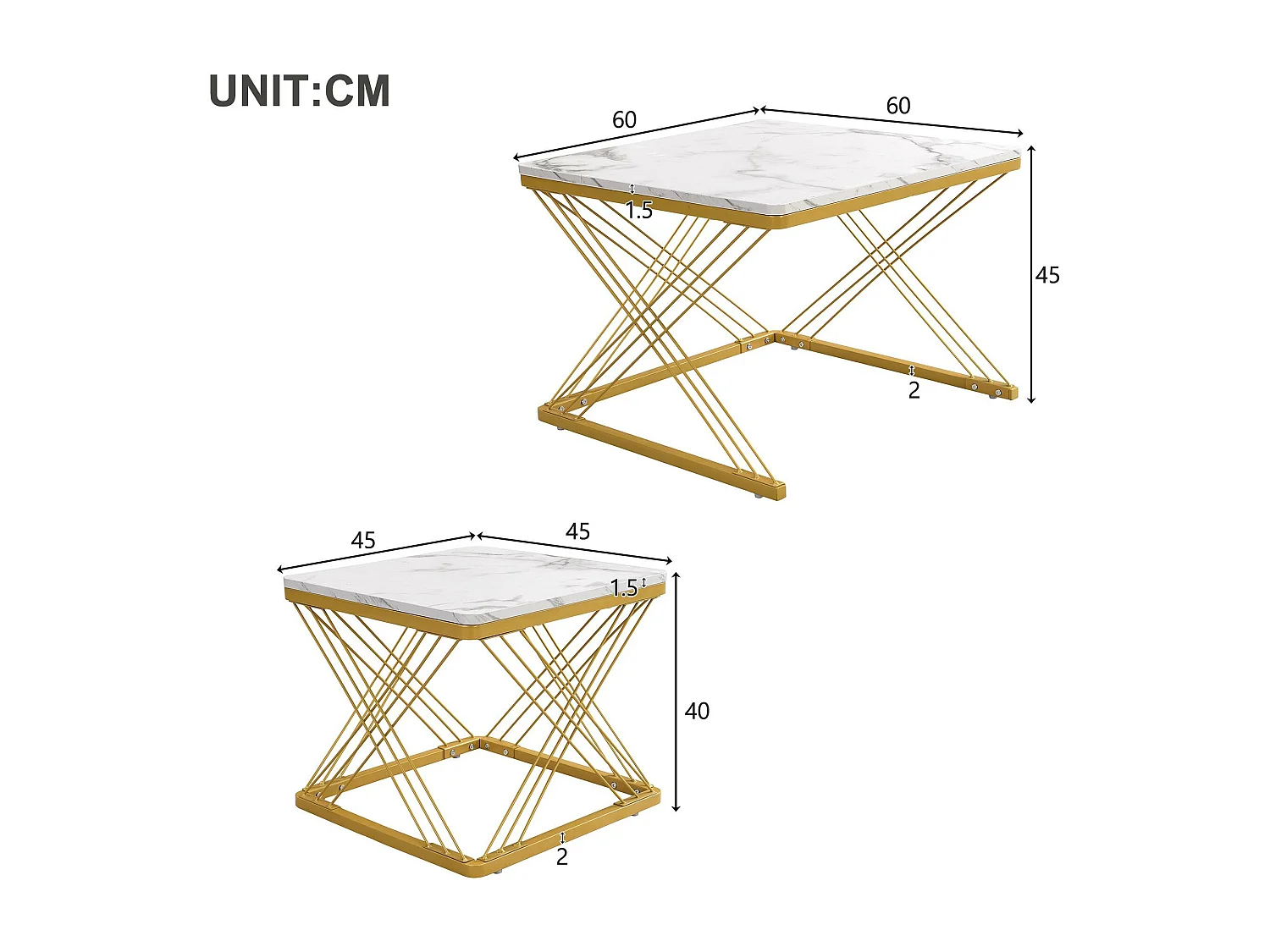 Juego de 2 mesas nido - tapa con diseño de mármol - Blanco y dorado