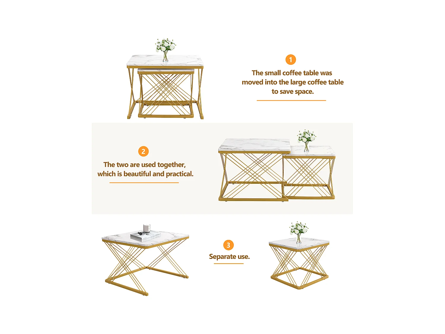 Juego de 2 mesas nido - tapa con diseño de mármol - Blanco y dorado