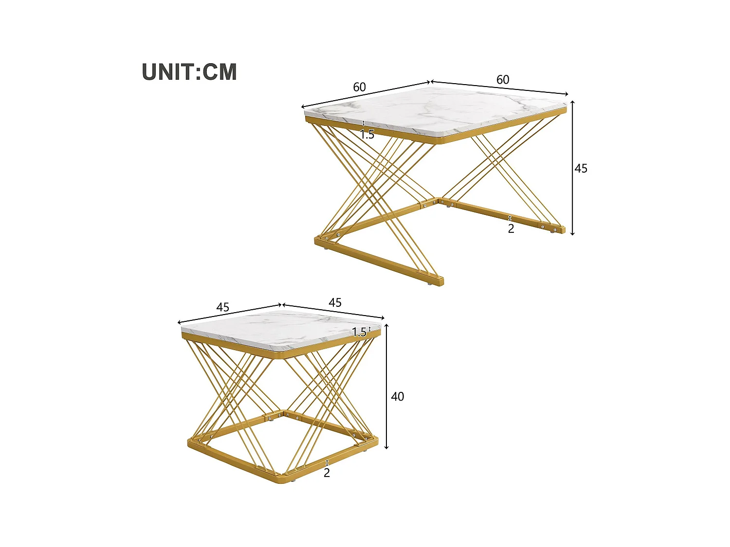 Juego de 2 mesas nido - tapa con diseño de mármol - Blanco y dorado