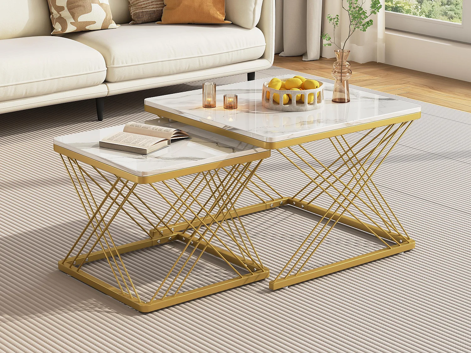 Set mit 2 Satztischen – Platte mit Marmormuster – Weiß und Gold