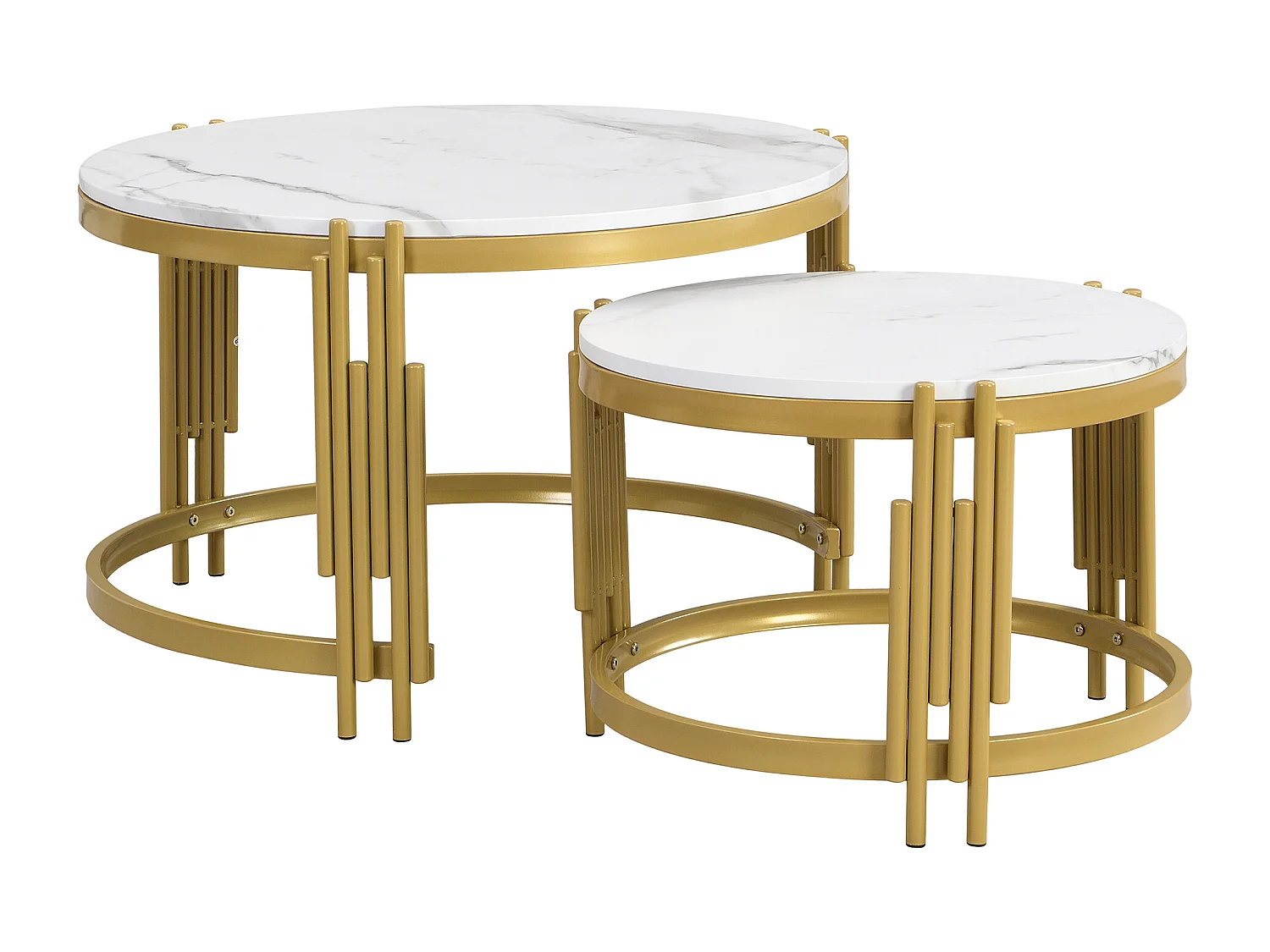Set aus 2 ineinander steckbaren Couchtischen – Marmoreffekt – Metallstruktur – Weiß und Gold