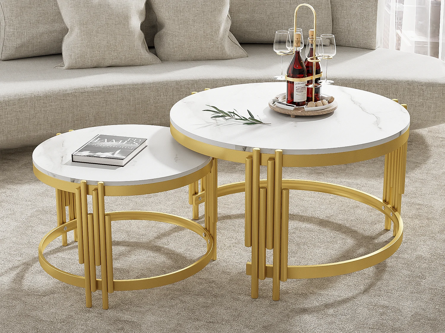 Lot de 2 table basse gigogne - effet marbre - structure en métal - Blanc & Doré