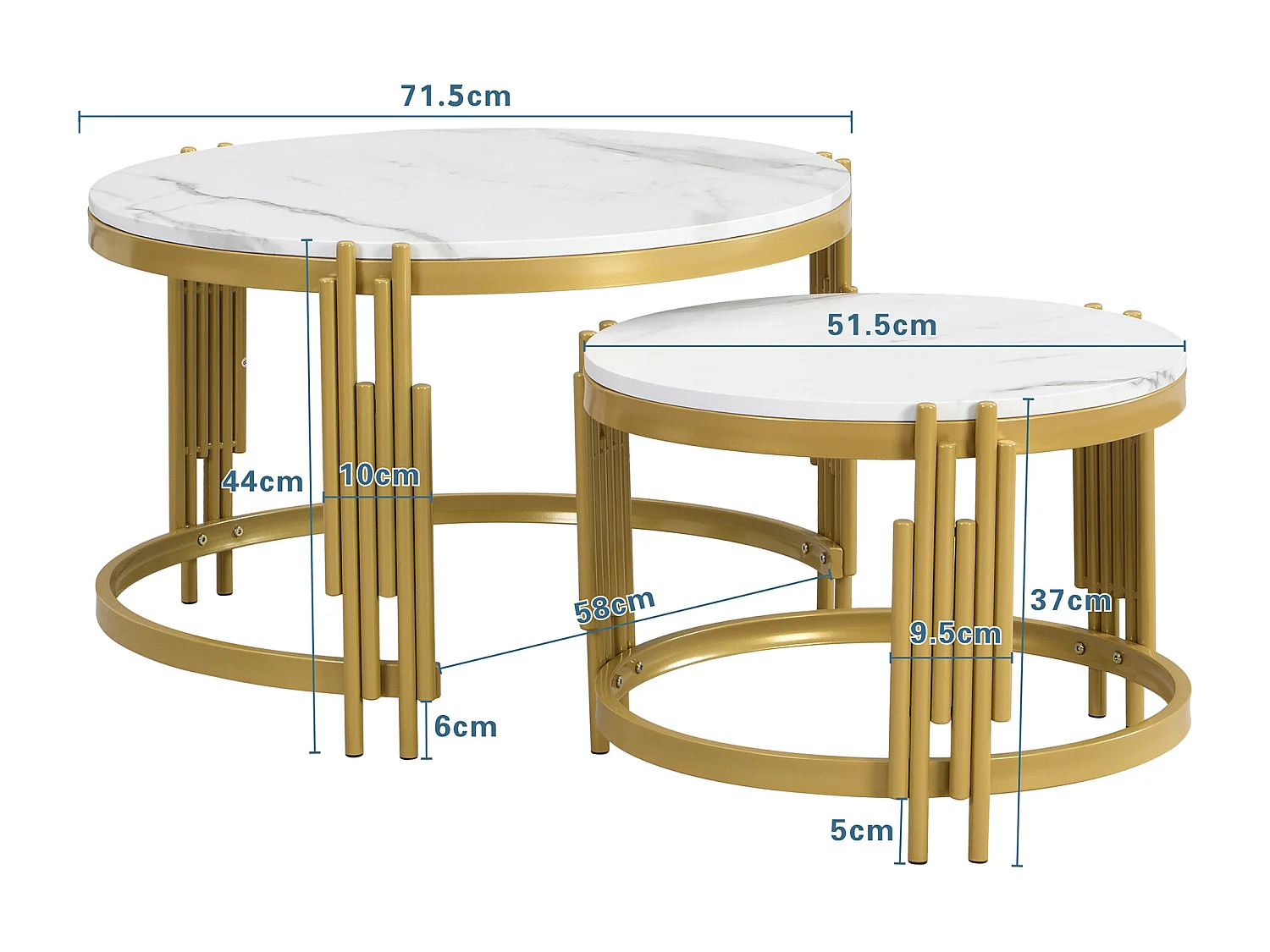 Lot de 2 table basse gigogne - effet marbre - structure en métal - Blanc & Doré