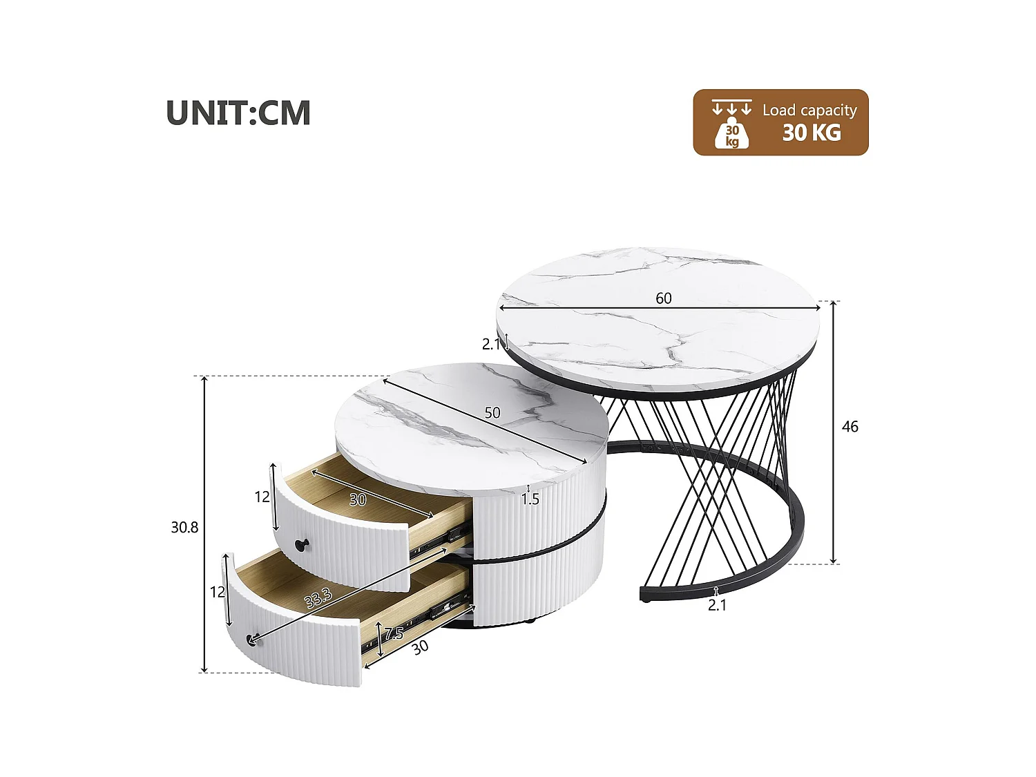 Set van 2 bijzettafels - 2 lades - blad met marmerpatroon - Wit en zwart