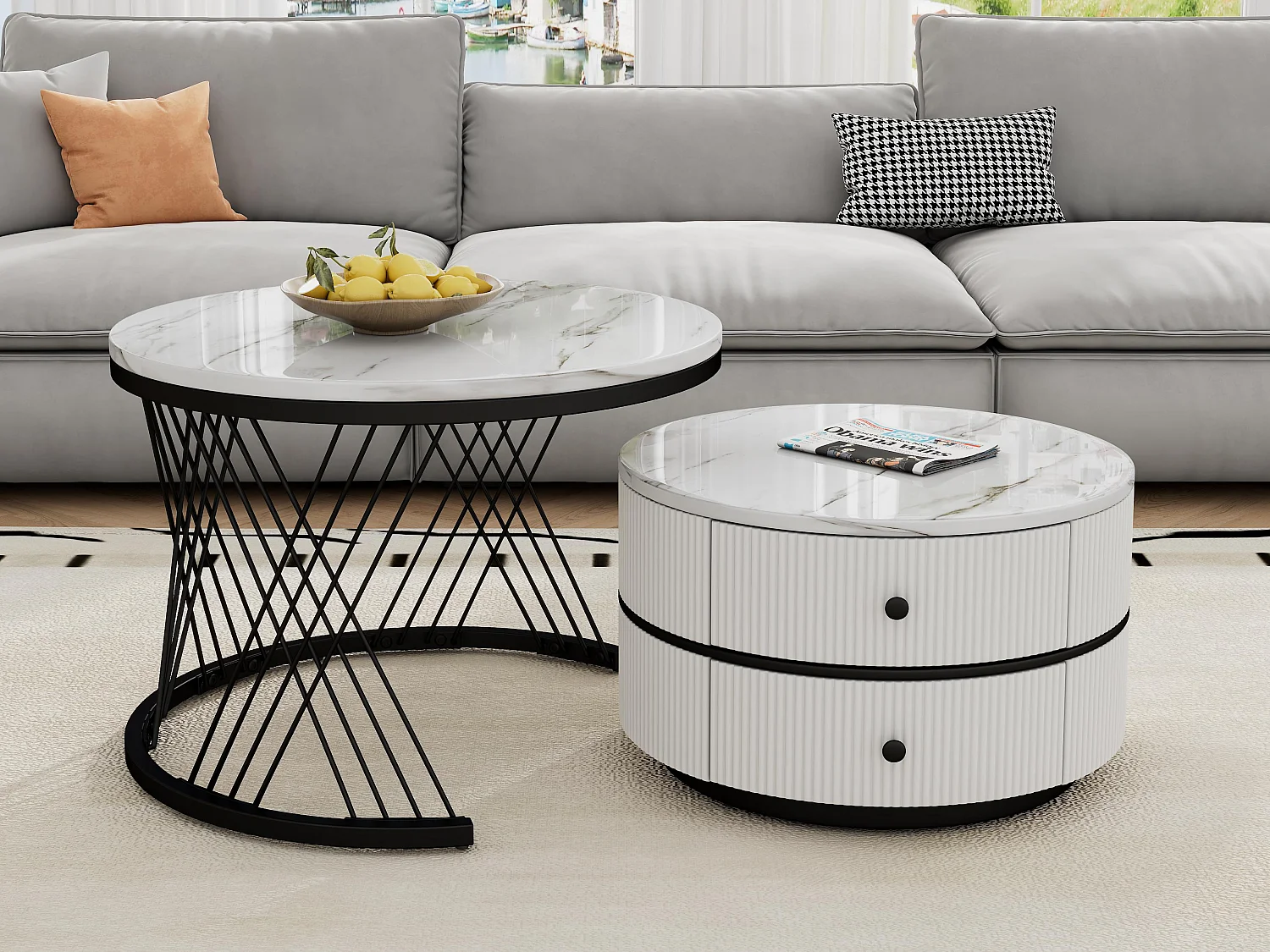 Lot de 2 tables gigognes - 2 tiroirs - plateau à motif de marbre - Blanc & Noir