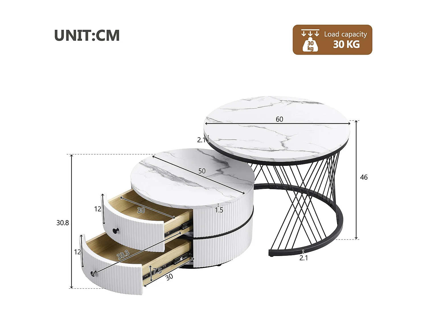 Lot de 2 tables gigognes - 2 tiroirs - plateau à motif de marbre - Blanc & Noir