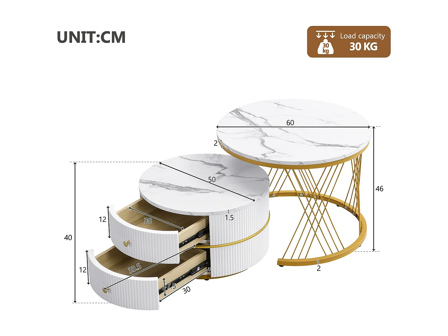 Lot de 2 tables gigognes - 2 tiroirs - plateau à motif de marbre - Blanc & Doré