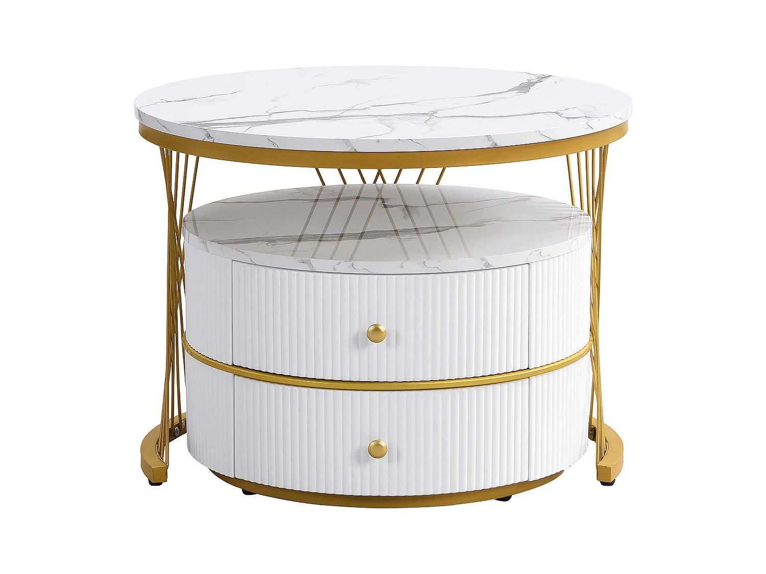 Lot de 2 tables gigognes - 2 tiroirs - plateau à motif de marbre - Blanc & Doré