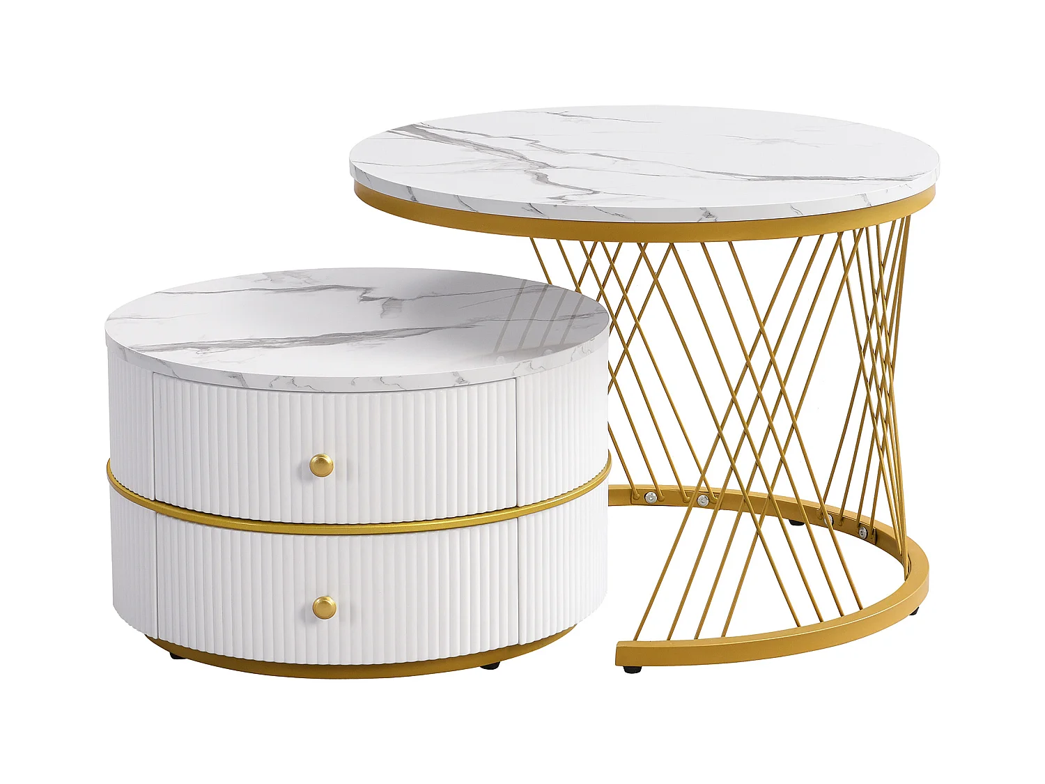 Lot de 2 tables gigognes - 2 tiroirs - plateau à motif de marbre - Blanc & Doré