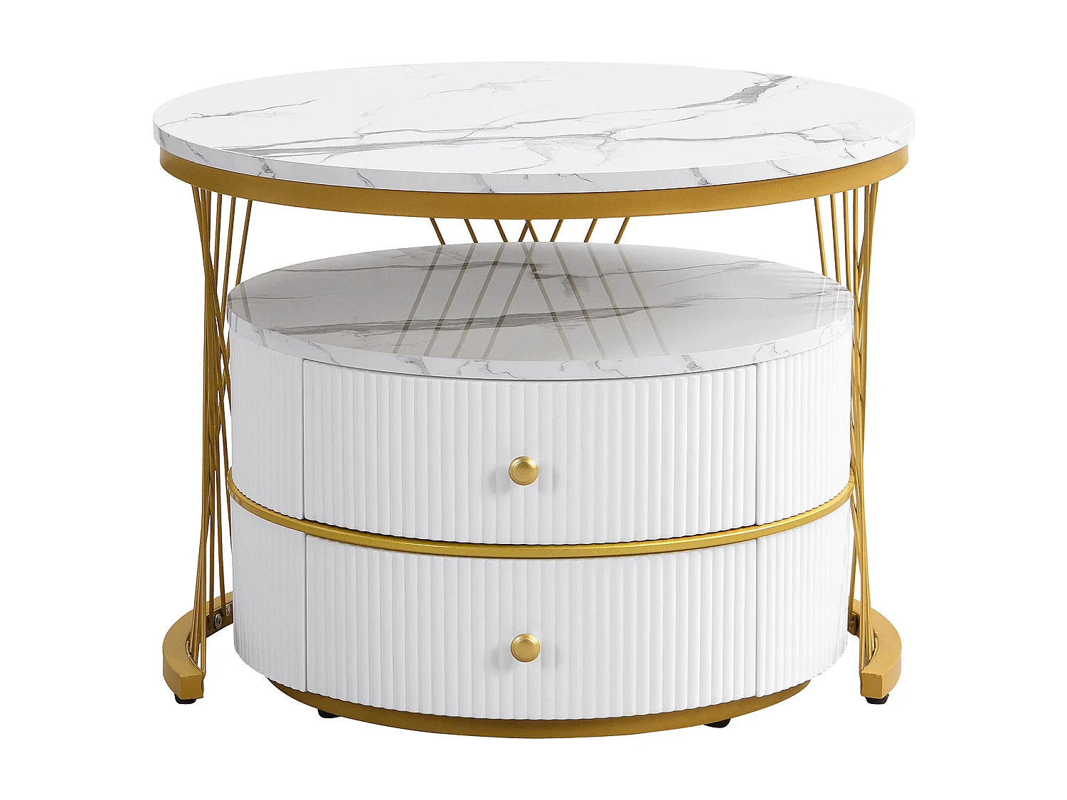 Lot de 2 tables gigognes - 2 tiroirs - plateau à motif de marbre - Blanc & Doré