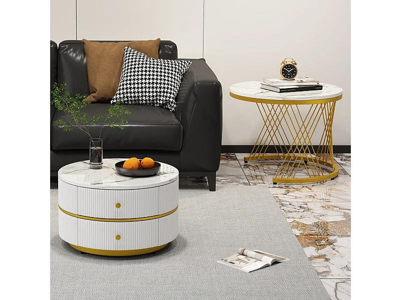 Lot de 2 tables gigognes - 2 tiroirs - plateau à motif de marbre - Blanc & Doré