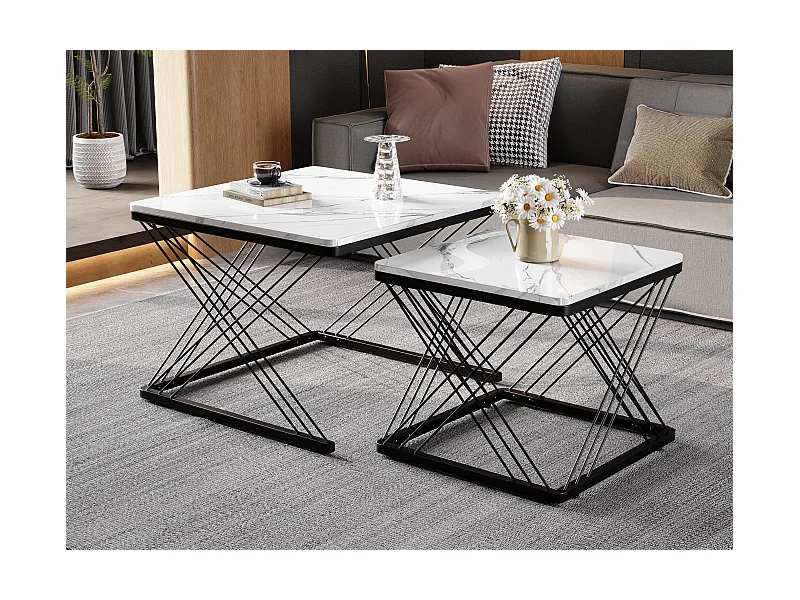 Set mit 2 Satztischen – Platte mit Marmormuster – Weiß und Schwarz