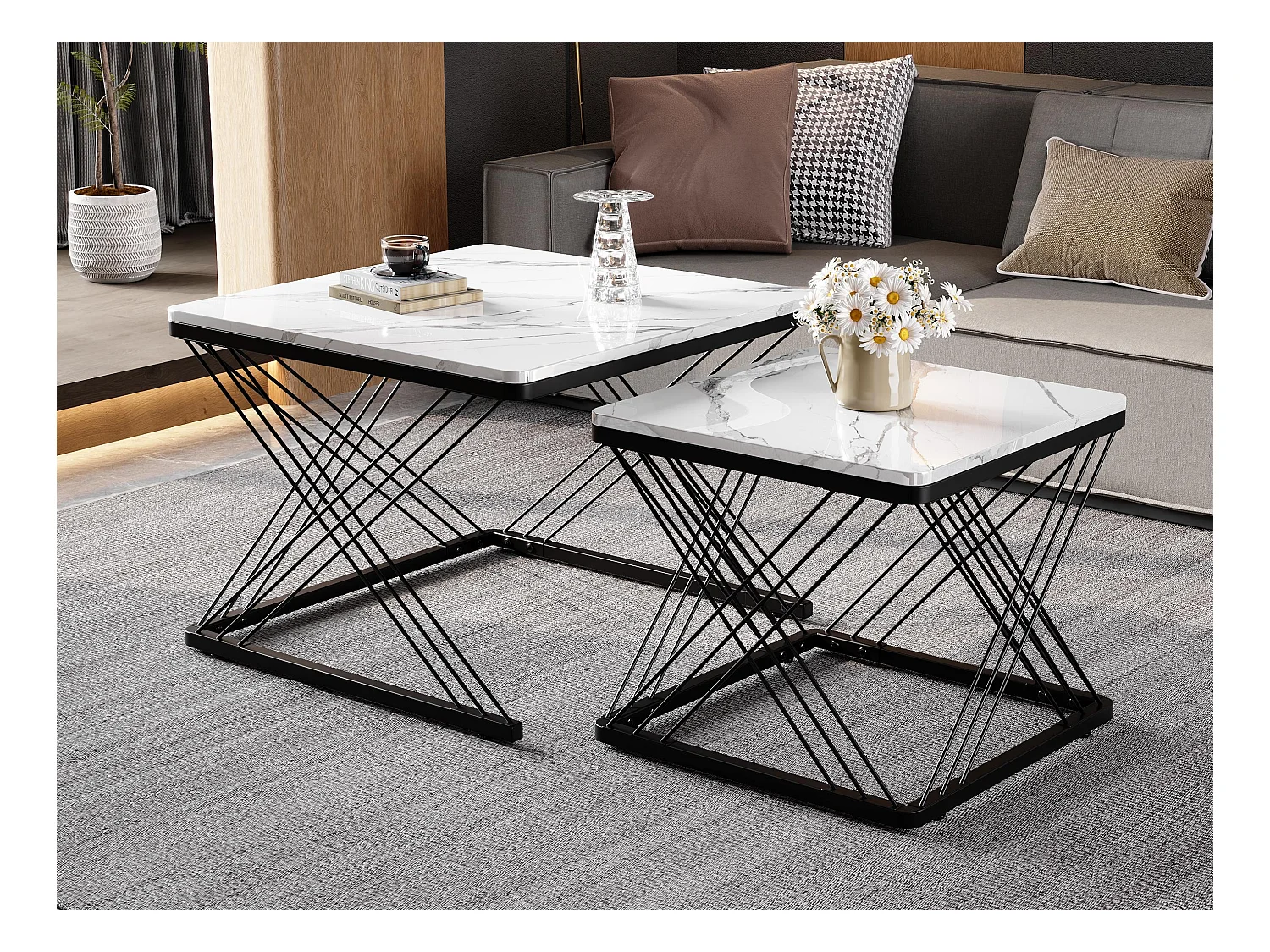 Lot de 2 tables gigognes - plateau à motif de marbre - Blanc & Noir