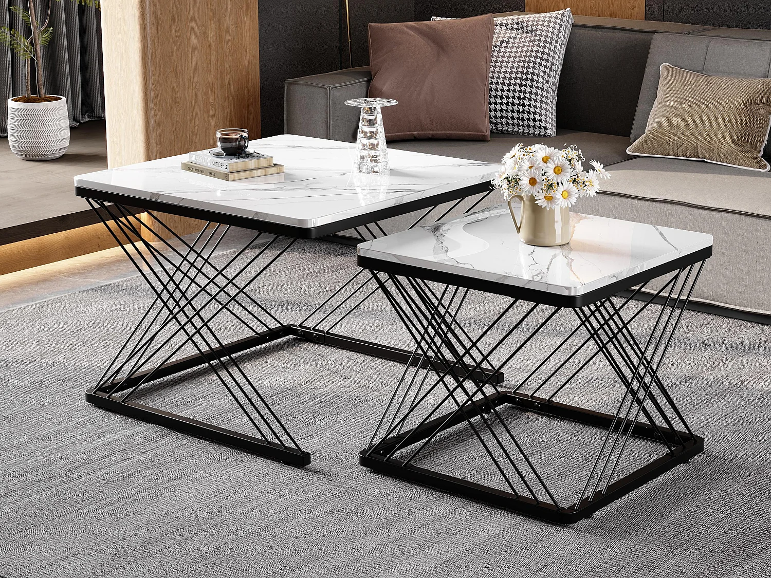 Lot de 2 tables gigognes - plateau à motif de marbre - Blanc & Noir