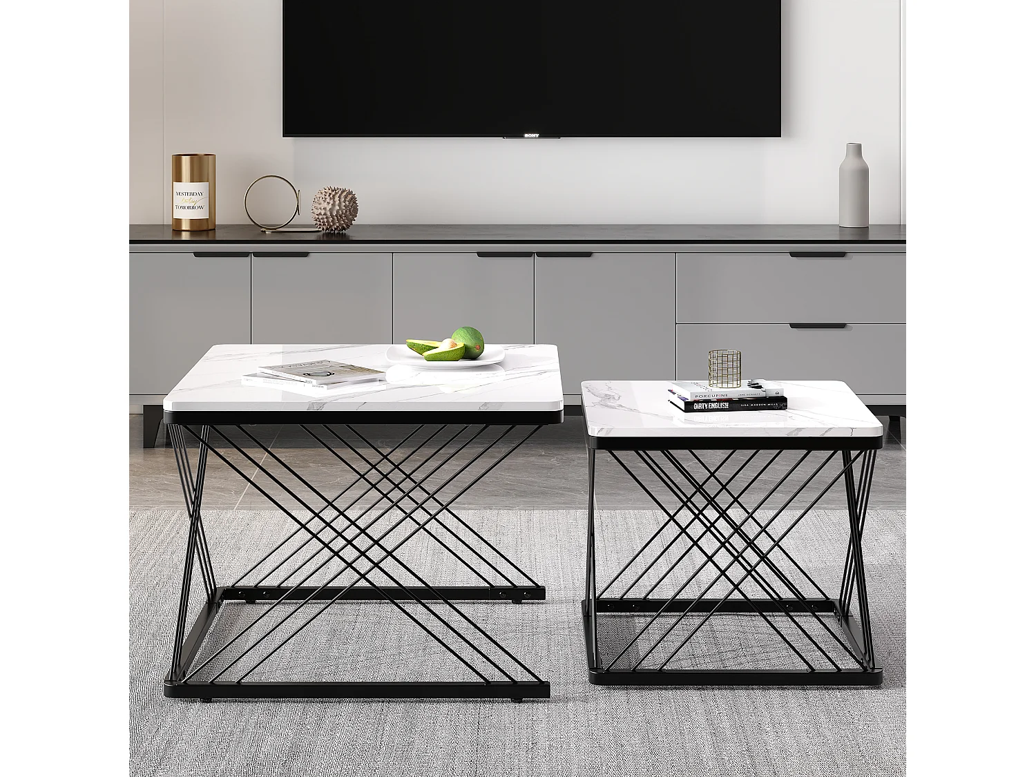 Lot de 2 tables gigognes - plateau à motif de marbre - Blanc & Noir