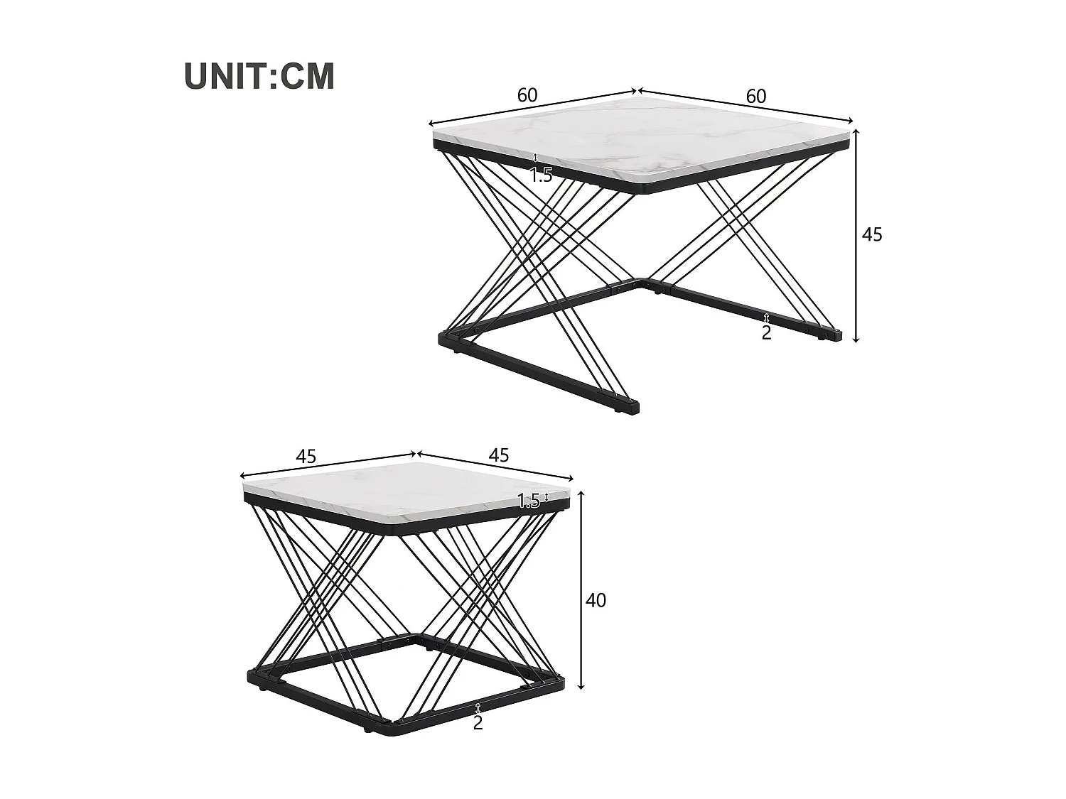 Lot de 2 tables gigognes - plateau à motif de marbre - Blanc & Noir