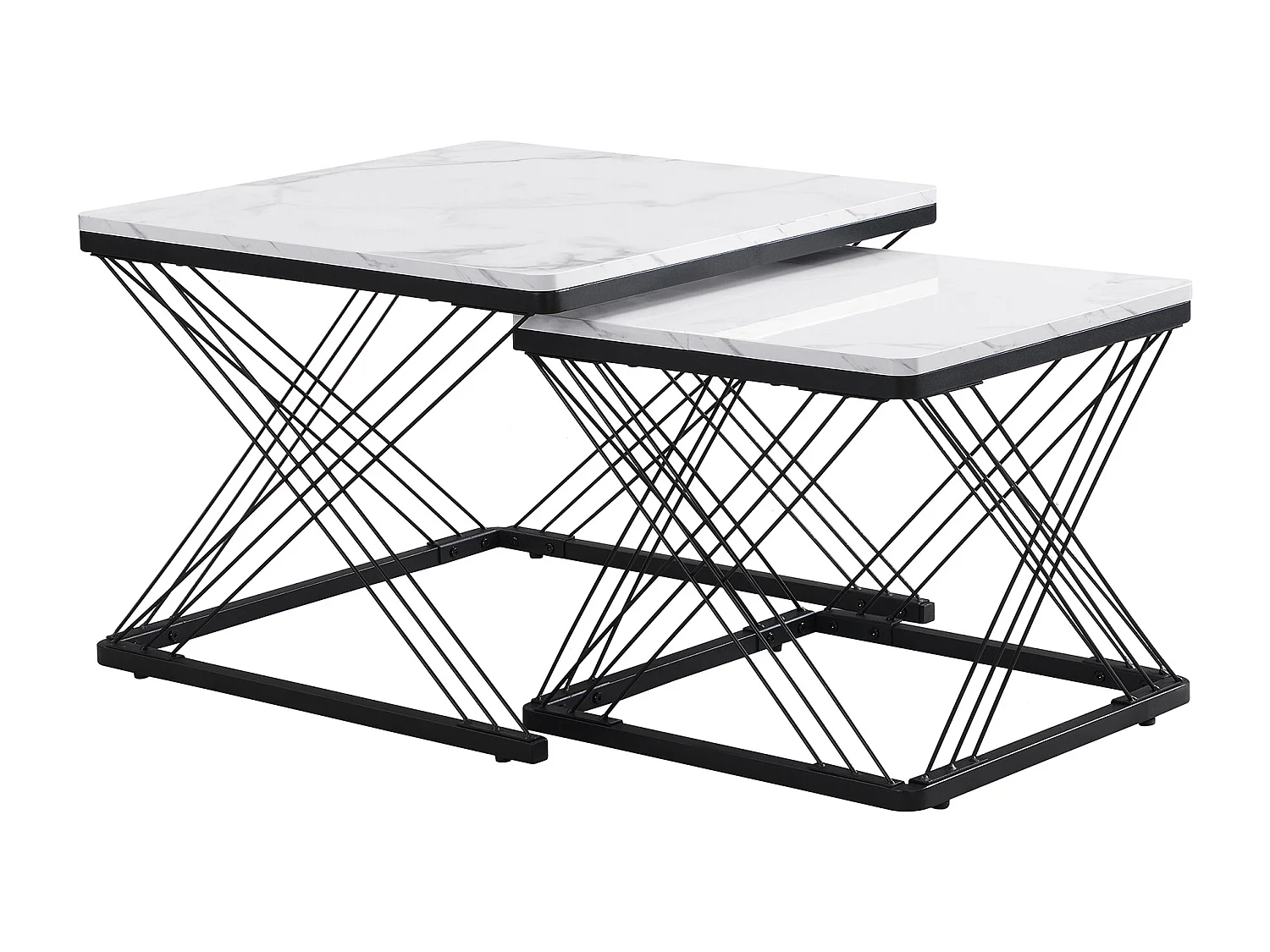 Lot de 2 tables gigognes - plateau à motif de marbre - Blanc & Noir