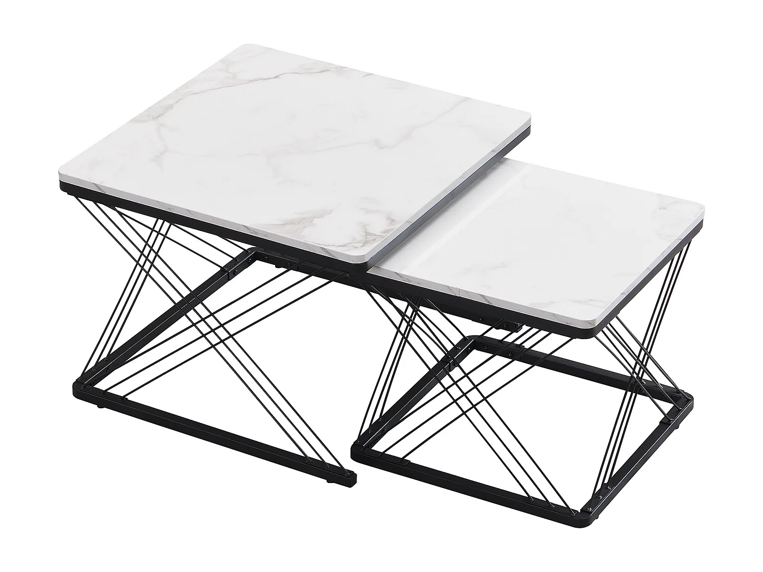 Lot de 2 tables gigognes - plateau à motif de marbre - Blanc & Noir