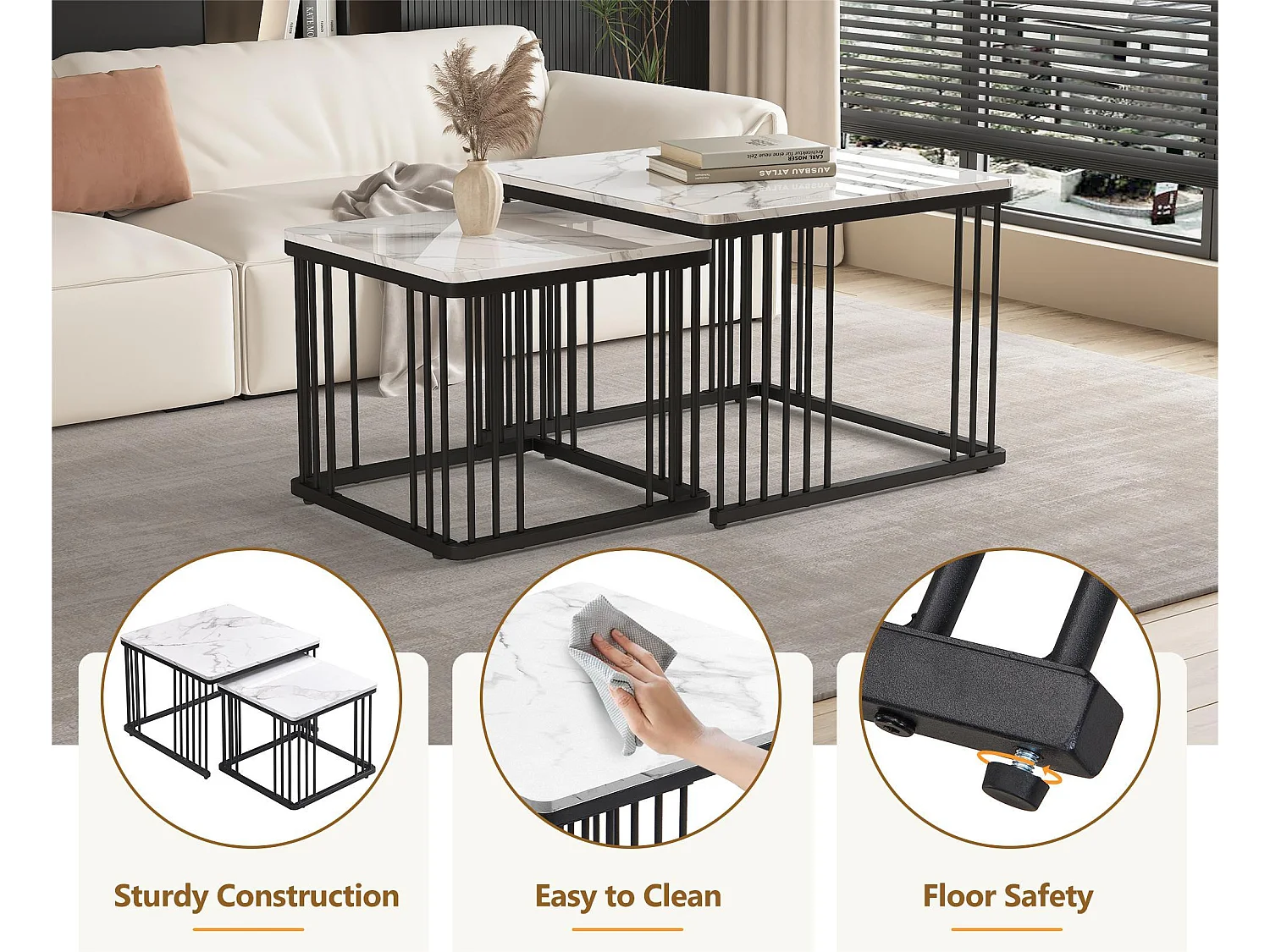 Set mit 2 Satztischen – MDF-Platte mit Marmormuster – schwarze Beine – Weiß und Schwarz