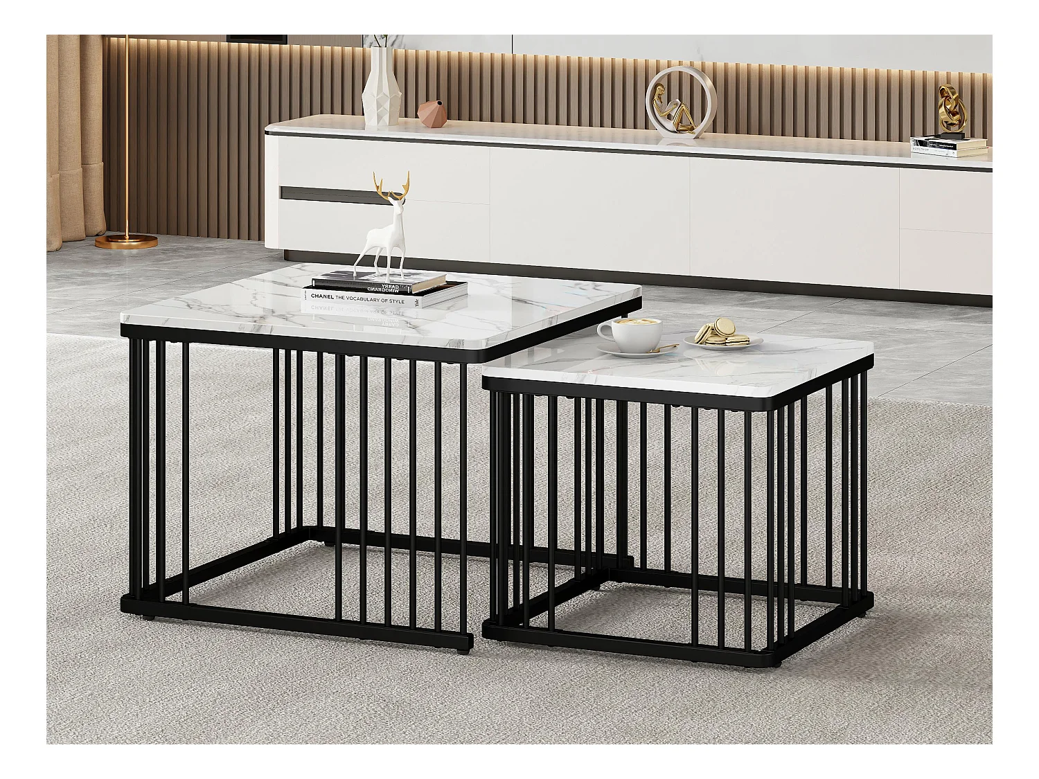Lot de 2 tables gigognes - plateau en MDF à motif de marbre - pieds noirs - Blanc & Noir