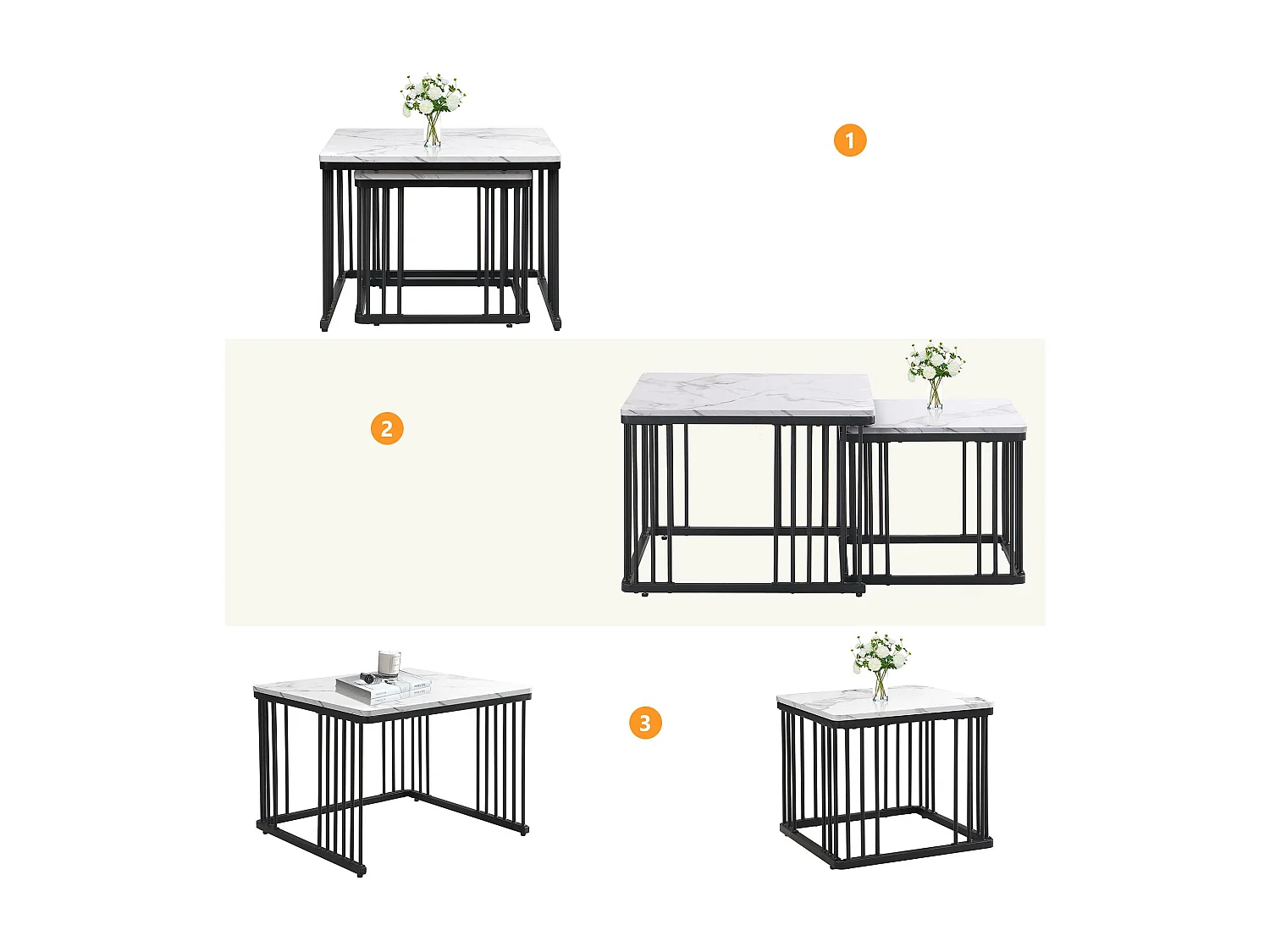 Set van 2 bijzettafels - MDF-blad met marmerpatroon - zwarte poten - Wit en zwart