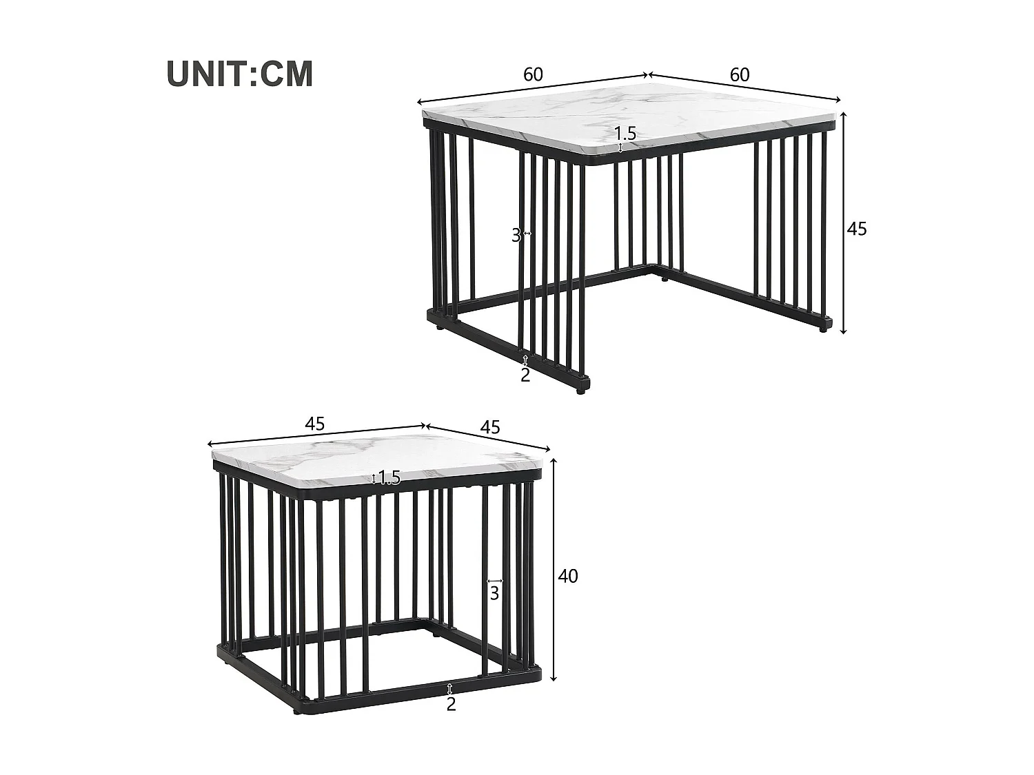 Set mit 2 Satztischen – MDF-Platte mit Marmormuster – schwarze Beine – Weiß und Schwarz