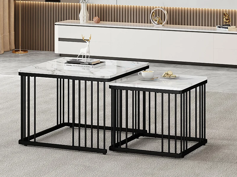 Lot de 2 tables gigognes - plateau en MDF à motif de marbre - pieds noirs - Blanc & Noir