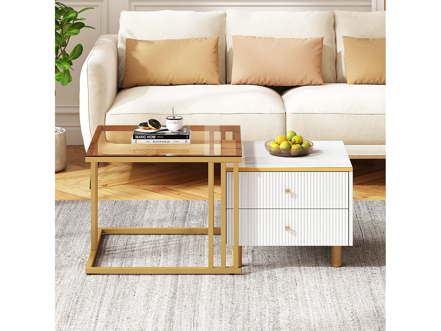 Lot de 2 tables gigognes - 2 tiroirs - plateau à motif de marbre - Blanc & Doré