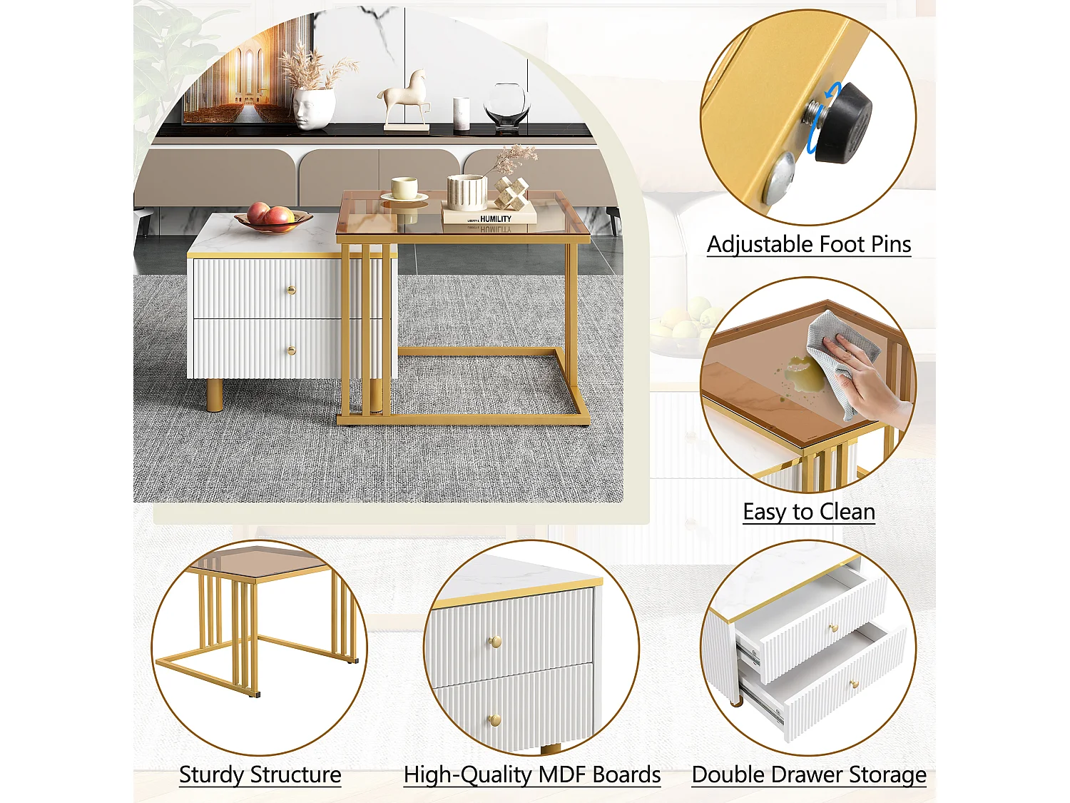 Lot de 2 tables gigognes - 2 tiroirs - plateau à motif de marbre - Blanc & Doré