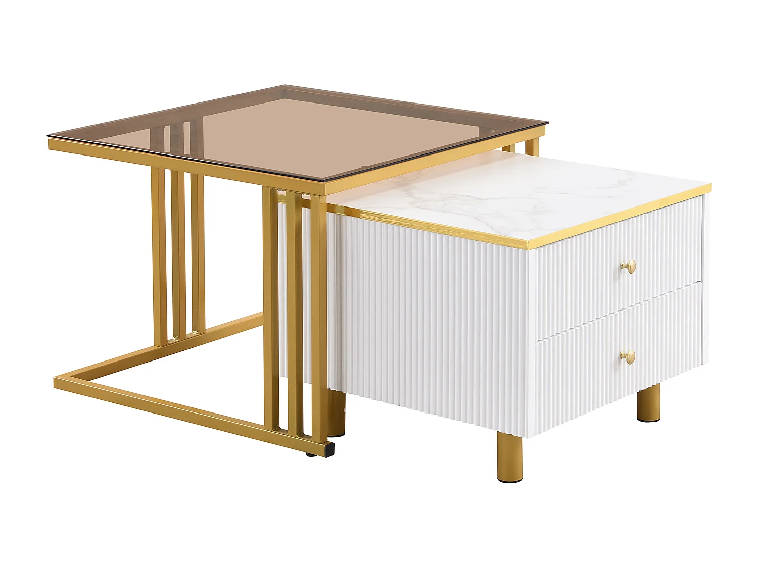 Lot de 2 tables gigognes - 2 tiroirs - plateau à motif de marbre - Blanc & Doré