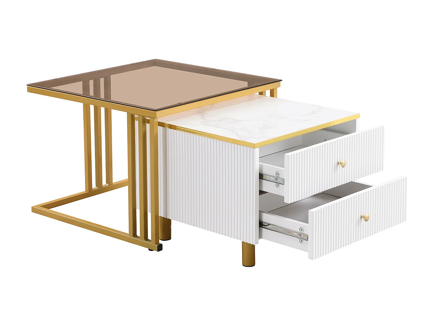 Lot de 2 tables gigognes - 2 tiroirs - plateau à motif de marbre - Blanc & Doré