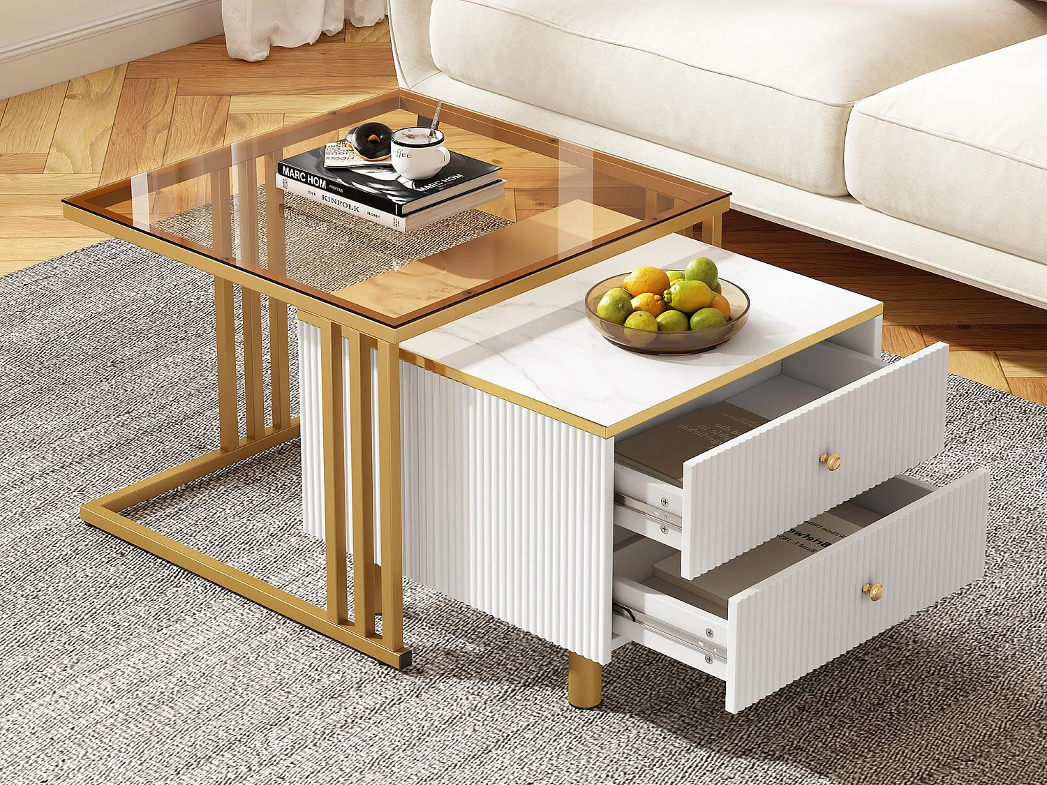 Lot de 2 tables gigognes - 2 tiroirs - plateau à motif de marbre - Blanc & Doré