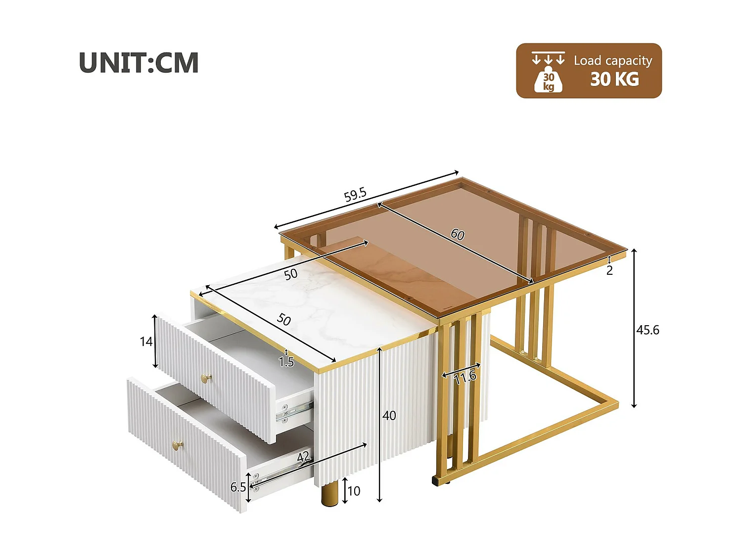 Lot de 2 tables gigognes - 2 tiroirs - plateau à motif de marbre - Blanc & Doré