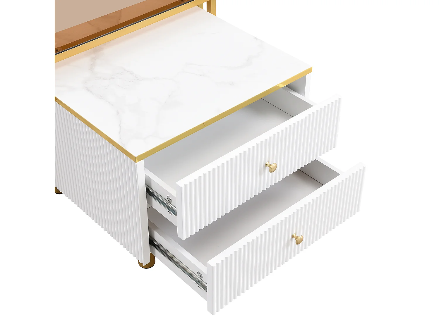 Lot de 2 tables gigognes - 2 tiroirs - plateau à motif de marbre - Blanc & Doré