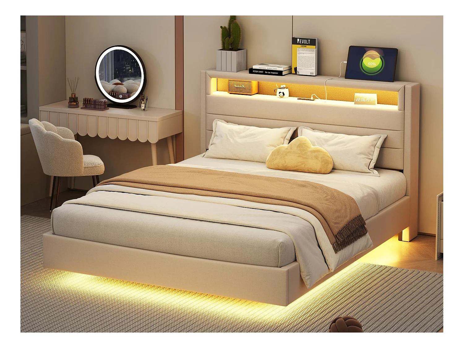 Lit capitonné 140x200cm en tissu lin - avec prise USB et LED - tête de lit réversible - Beige