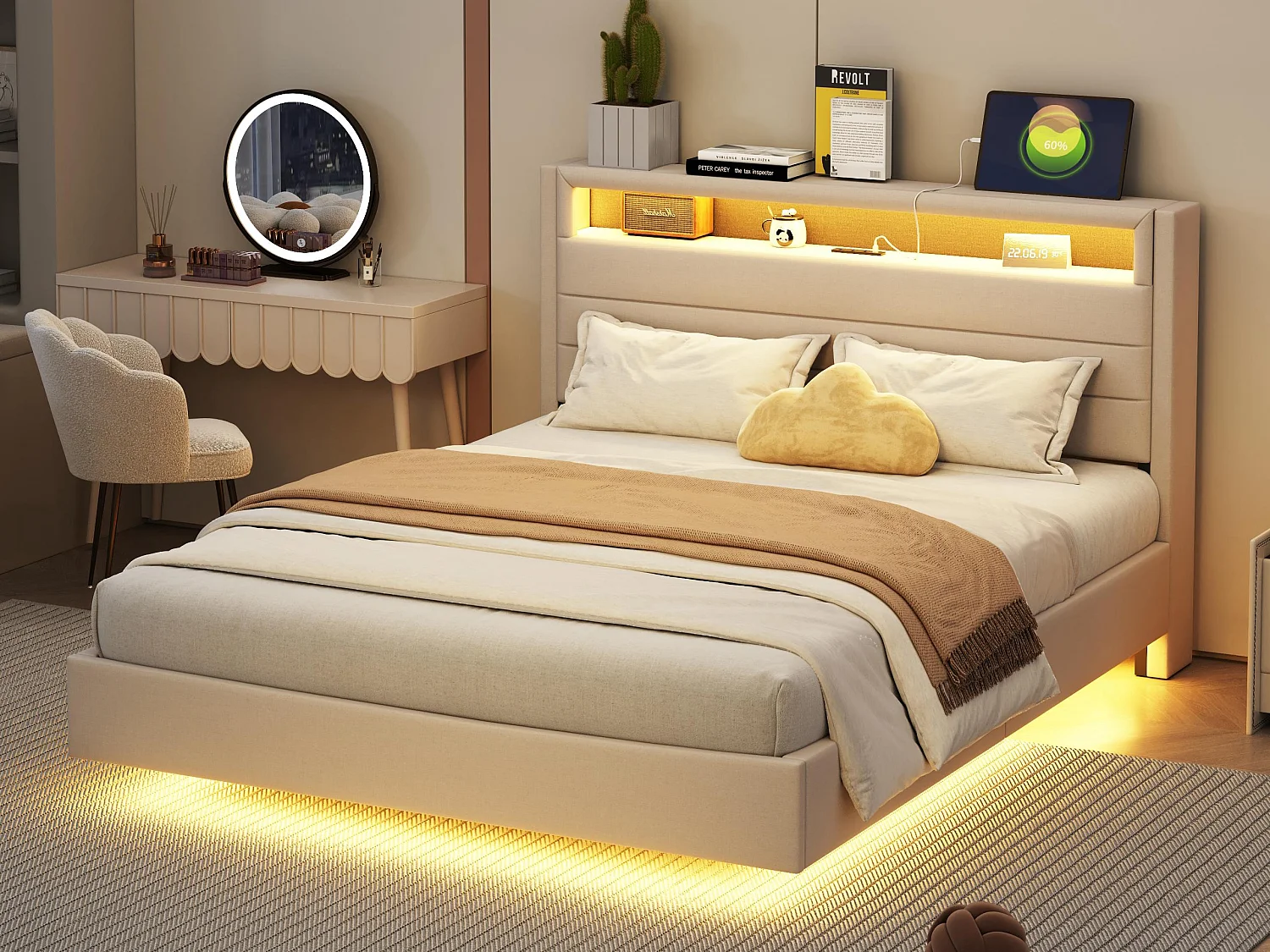 Lit capitonné 140x200cm en tissu lin - avec prise USB et LED - tête de lit réversible - Beige