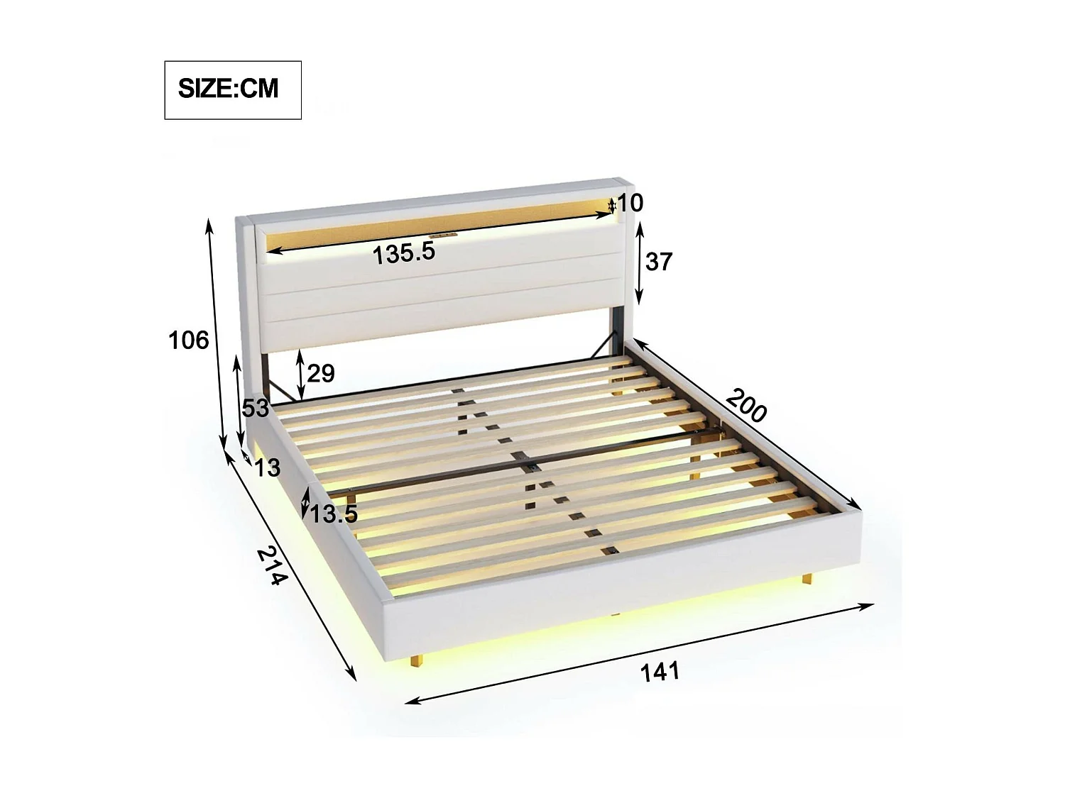 Lit capitonné 140x200cm en tissu lin - avec prise USB et LED - tête de lit réversible - Beige