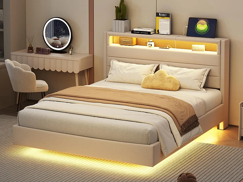 Cama acolchada de tejido de lino 140x200 cm - con toma USB y LED - cabecero reversible - Beige