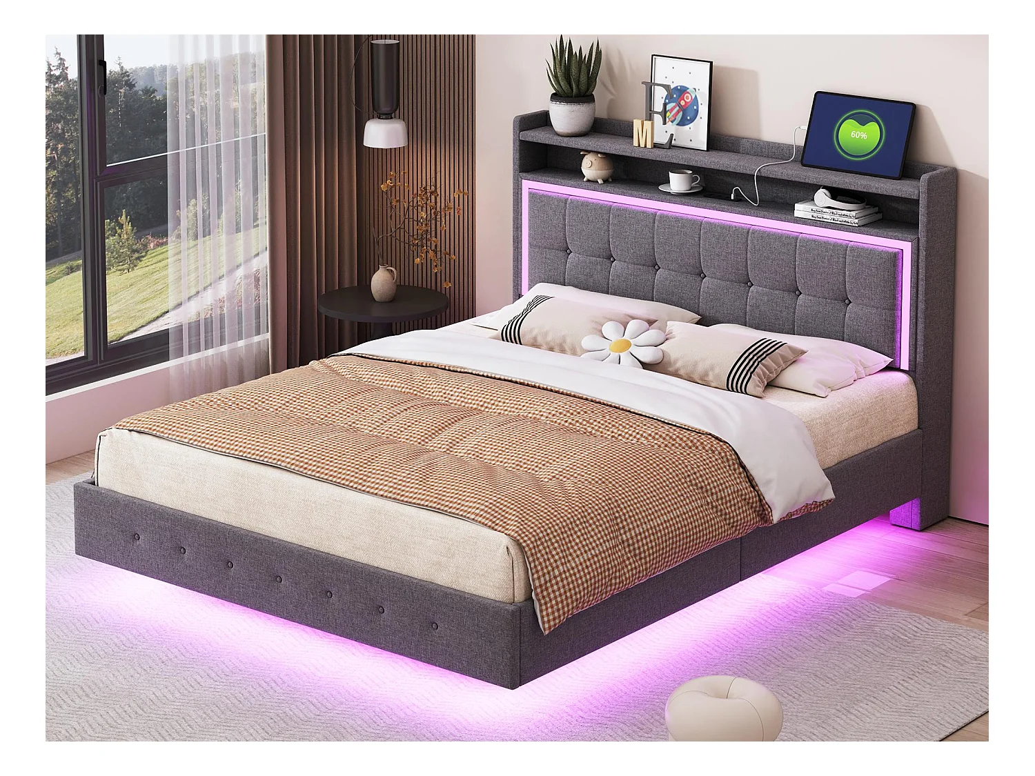 Lit capitonné 140x200cm en tissu lin - avec prise USB et LED - Gris