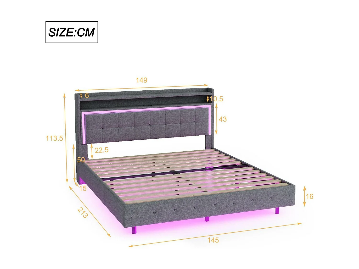 Letto imbottito 140x200 cm in tessuto di lino - con presa USB e LED - Grigio