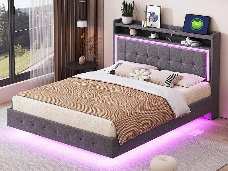 Lit capitonné 140x200cm en tissu lin - avec prise USB et LED - Gris