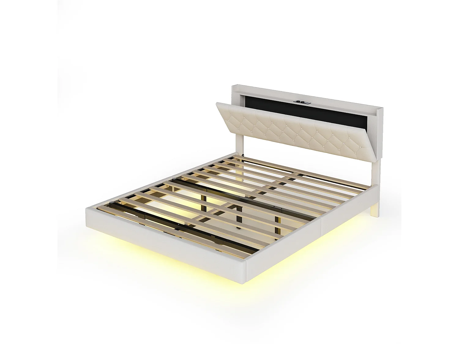 Cama acolchada de lino 140x200 cm - con puerto de carga USB y LED - con somier - Beige