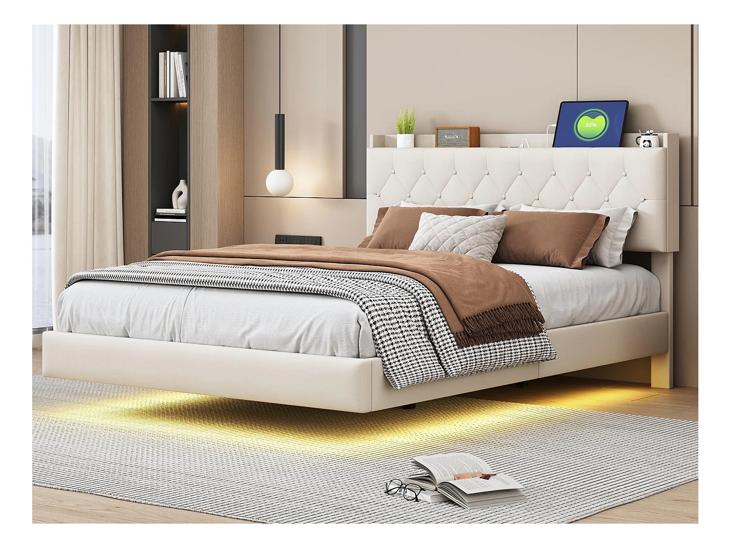 Lit capitonné 140x200cm en lin - avec Port de chargement USB & LED - avec sommier à lattes - Beige