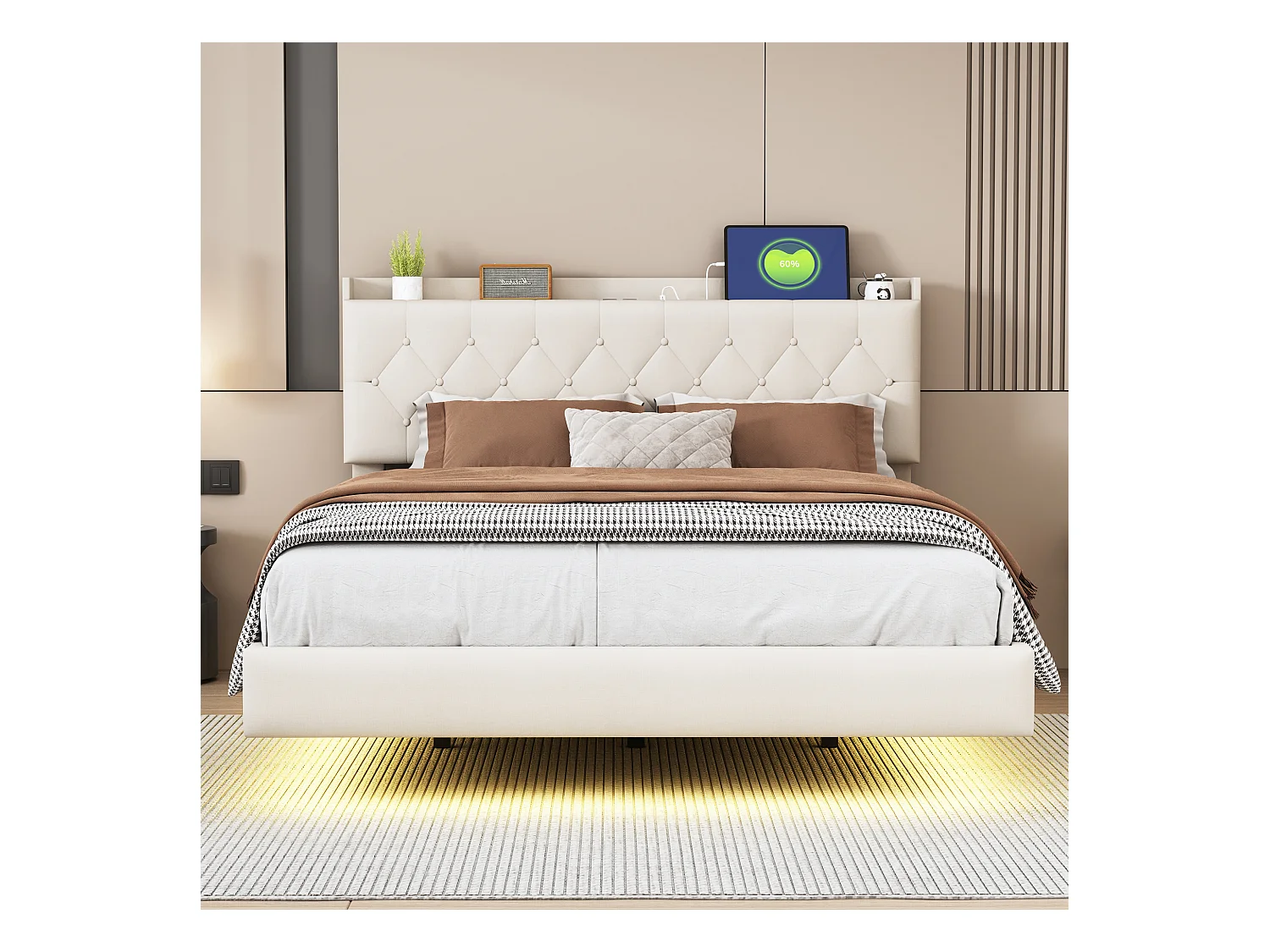 140 x 200 cm großes gepolstertes Leinenbett – mit USB- und LED-Ladeanschluss – mit Lattenrost – Beige