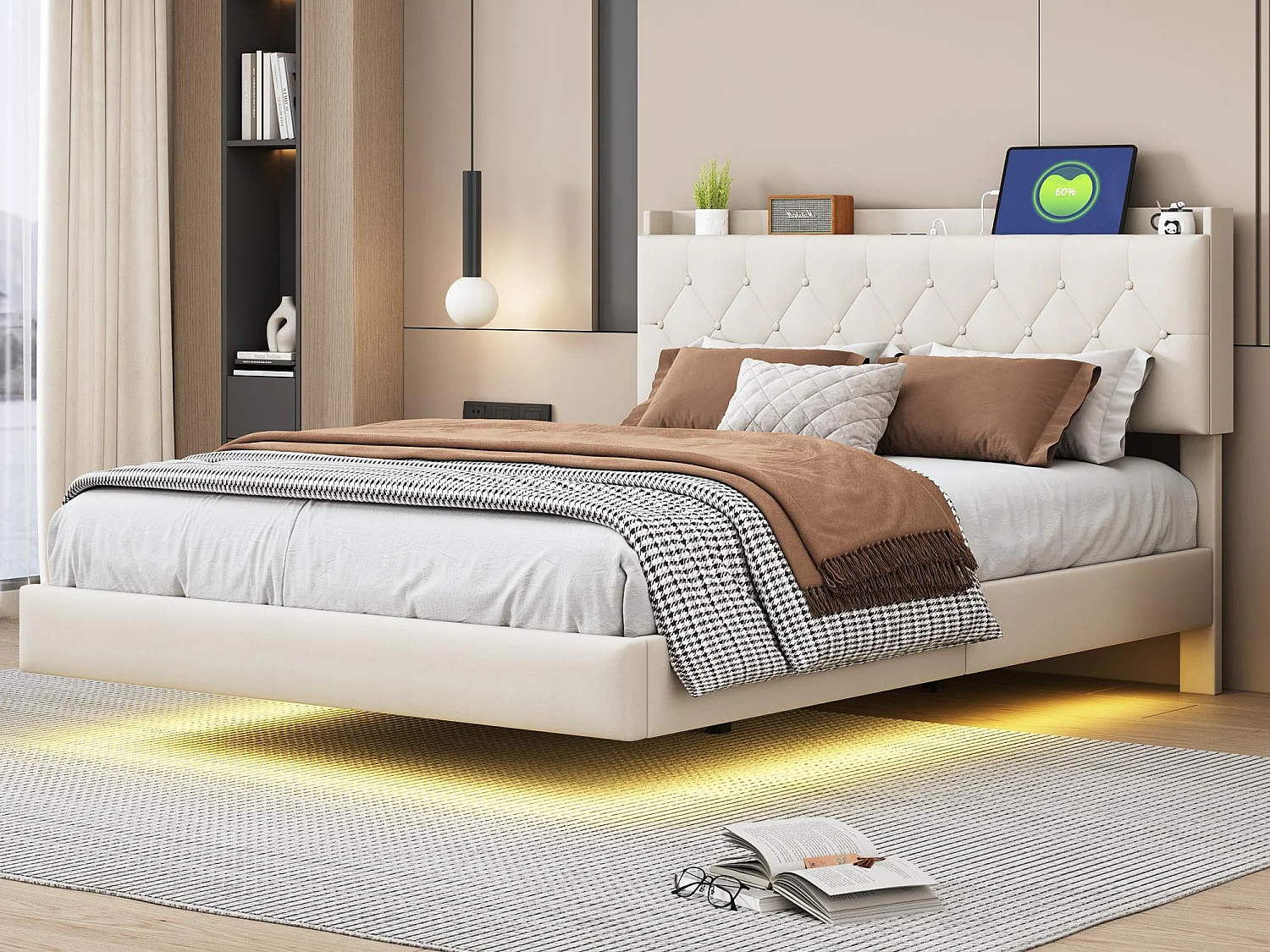140 x 200 cm großes gepolstertes Leinenbett – mit USB- und LED-Ladeanschluss – mit Lattenrost – Beige