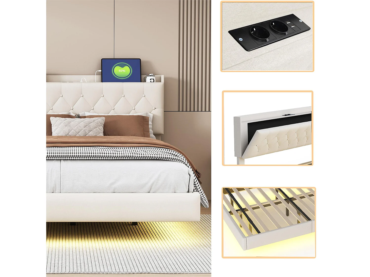 Lit capitonné 140x200cm en lin - avec Port de chargement USB & LED - avec sommier à lattes - Beige