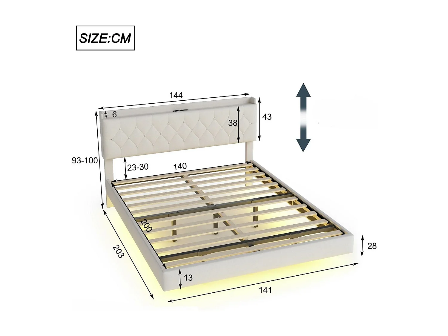 Lit capitonné 140x200cm en lin - avec Port de chargement USB & LED - avec sommier à lattes - Beige