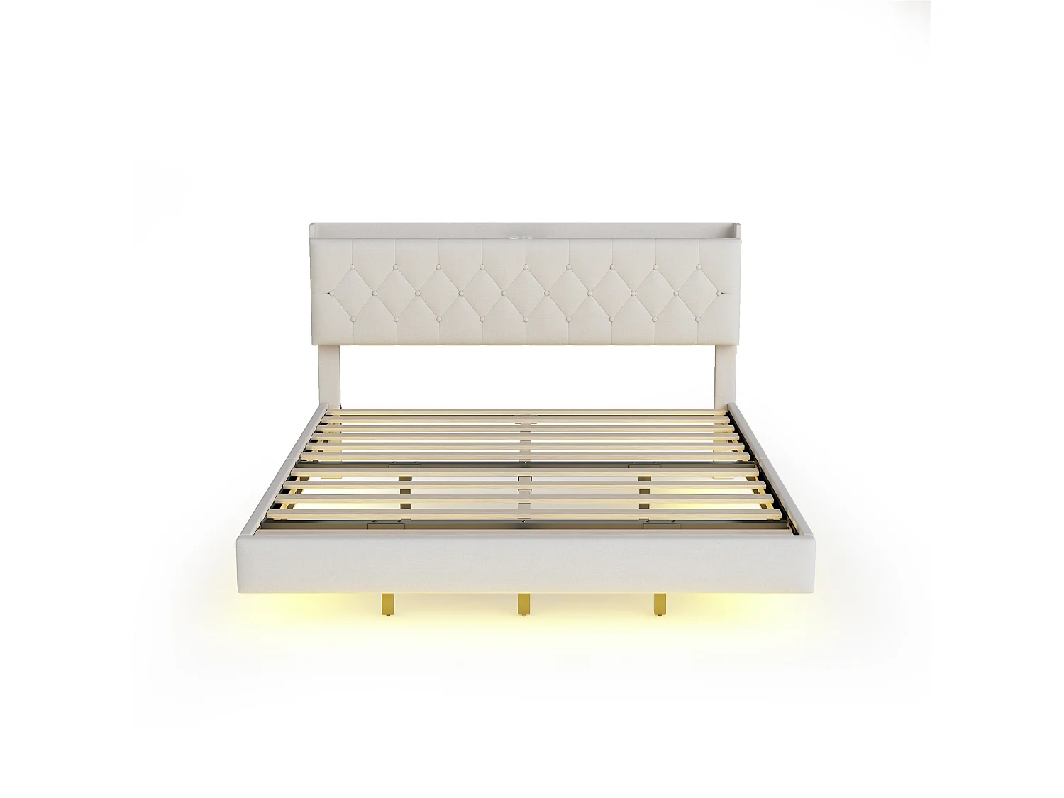 Lit capitonné 140x200cm en lin - avec Port de chargement USB & LED - avec sommier à lattes - Beige