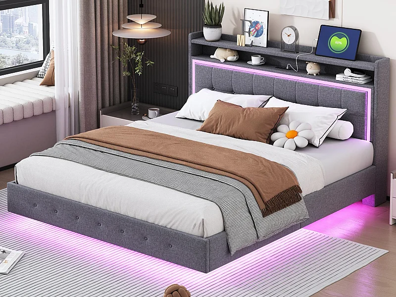 Cama almofadada 160x200cm em tecido de linho - com tomada USB e LED - Cinza