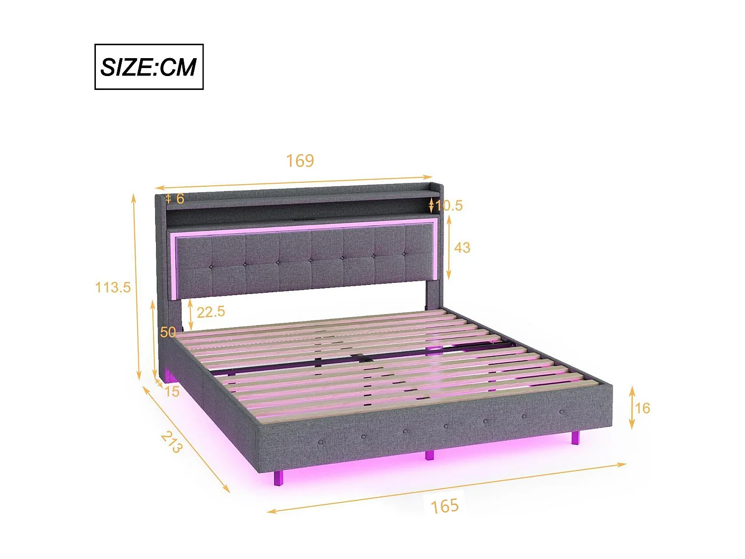 Lit capitonné 160x200cm en tissu lin - avec prise USB et LED - Gris
